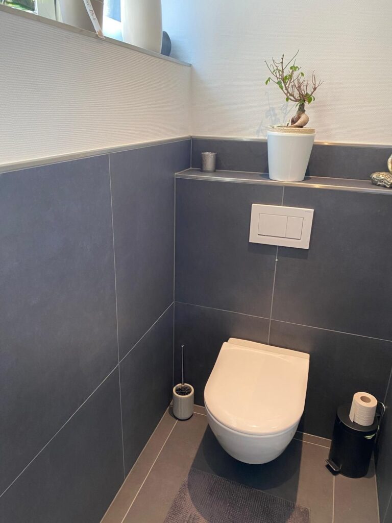 Gäste-WC mit dunklen Wandfliesen und wandhängendem WC